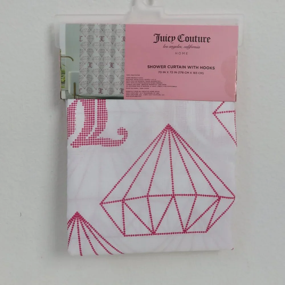 (#110) Juicy Couture White and Pink Shower Curtain with Hooks